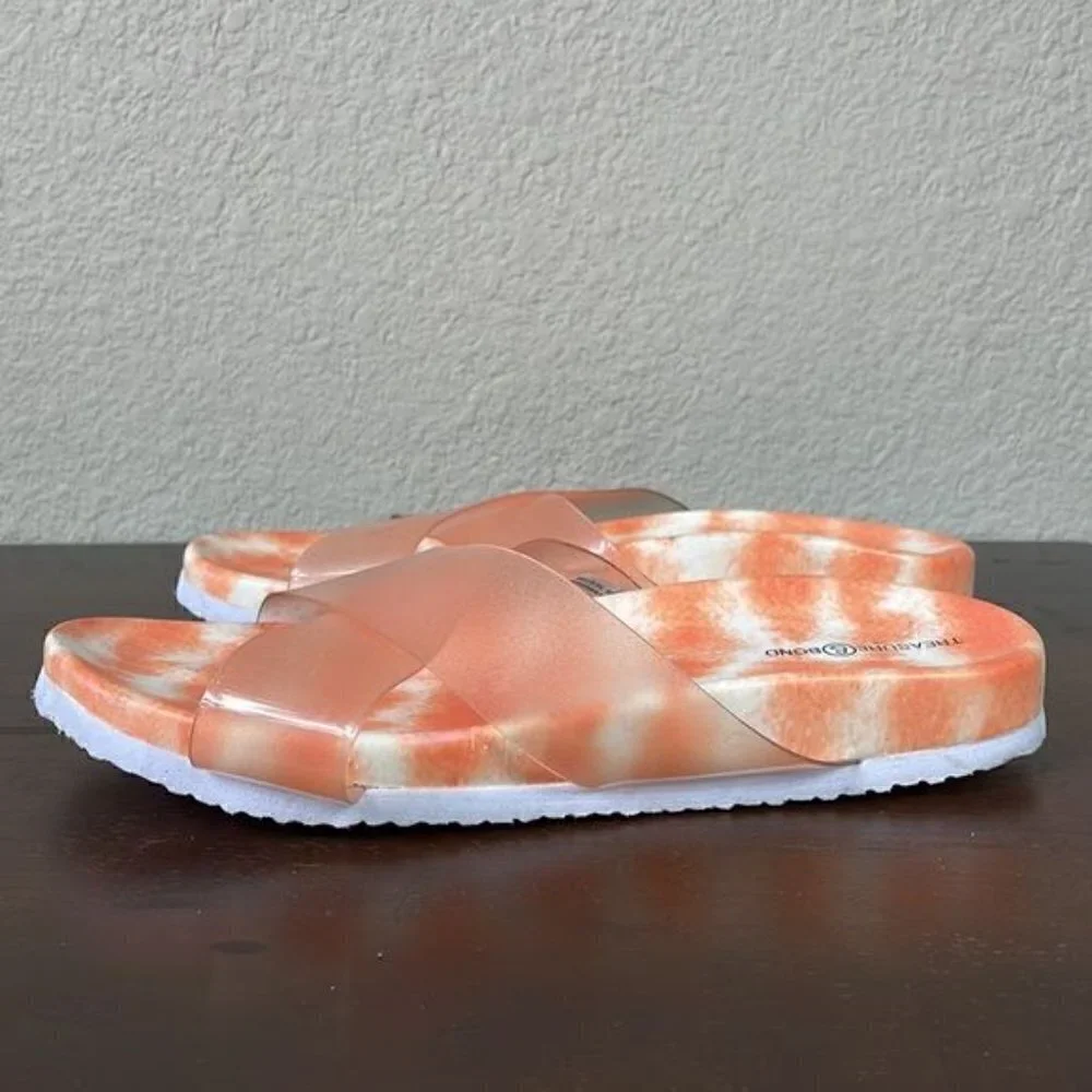 New Treasure & Bond Girls Ellie Clear Cross Toe Tie Dye Orange Slide Sandals 5